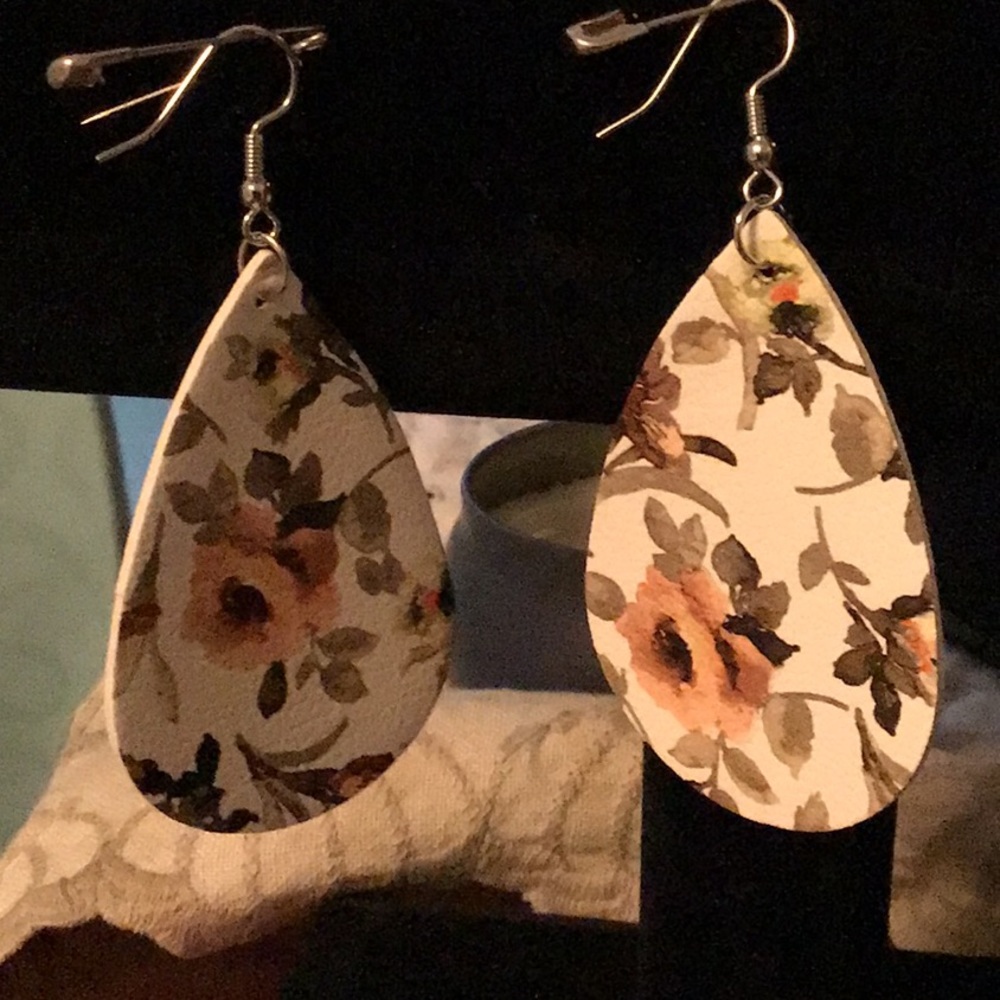 Leather Teardrop floral  earrings